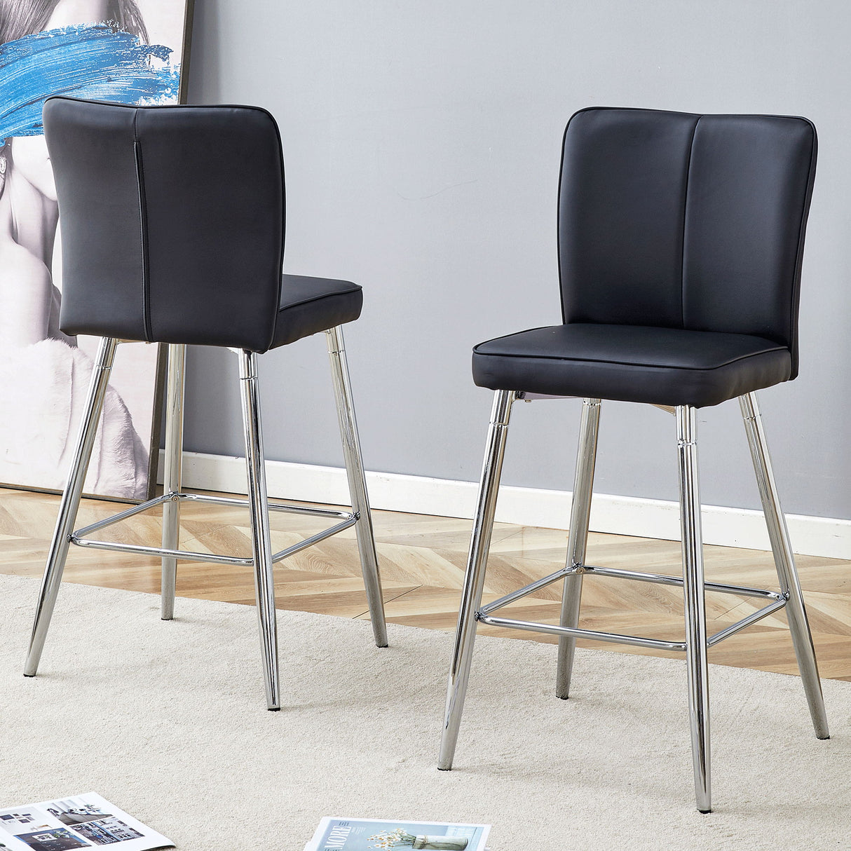Modern Bar Chair Set Streamlined Backrest Metal Legs 2 Pieces - Black / Silver