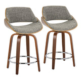 Fabrizzi - 24" Fixed-Height Counter Stool With Swivel And Round Chrome Metal Footrest (Set of 2) - Walnut Wood And Gray Noise Fabric