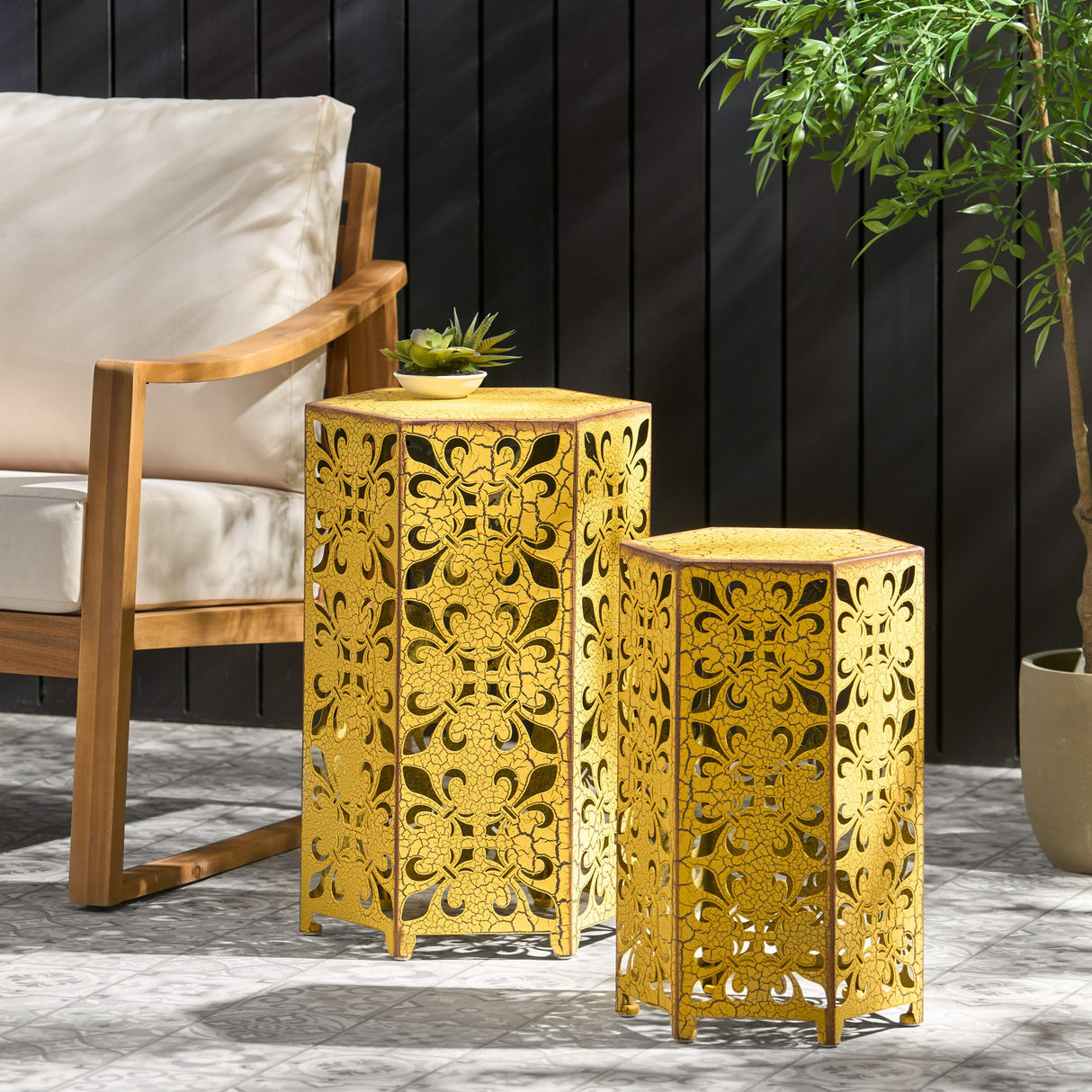 Outdoor Hexagonal Accent Table Set With Charming Fleur De Lis Panel Sides - Antique Yellow
