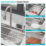 Drop In Waterfall Kitchen Sink With Pull Out Faucet & Cup Washer