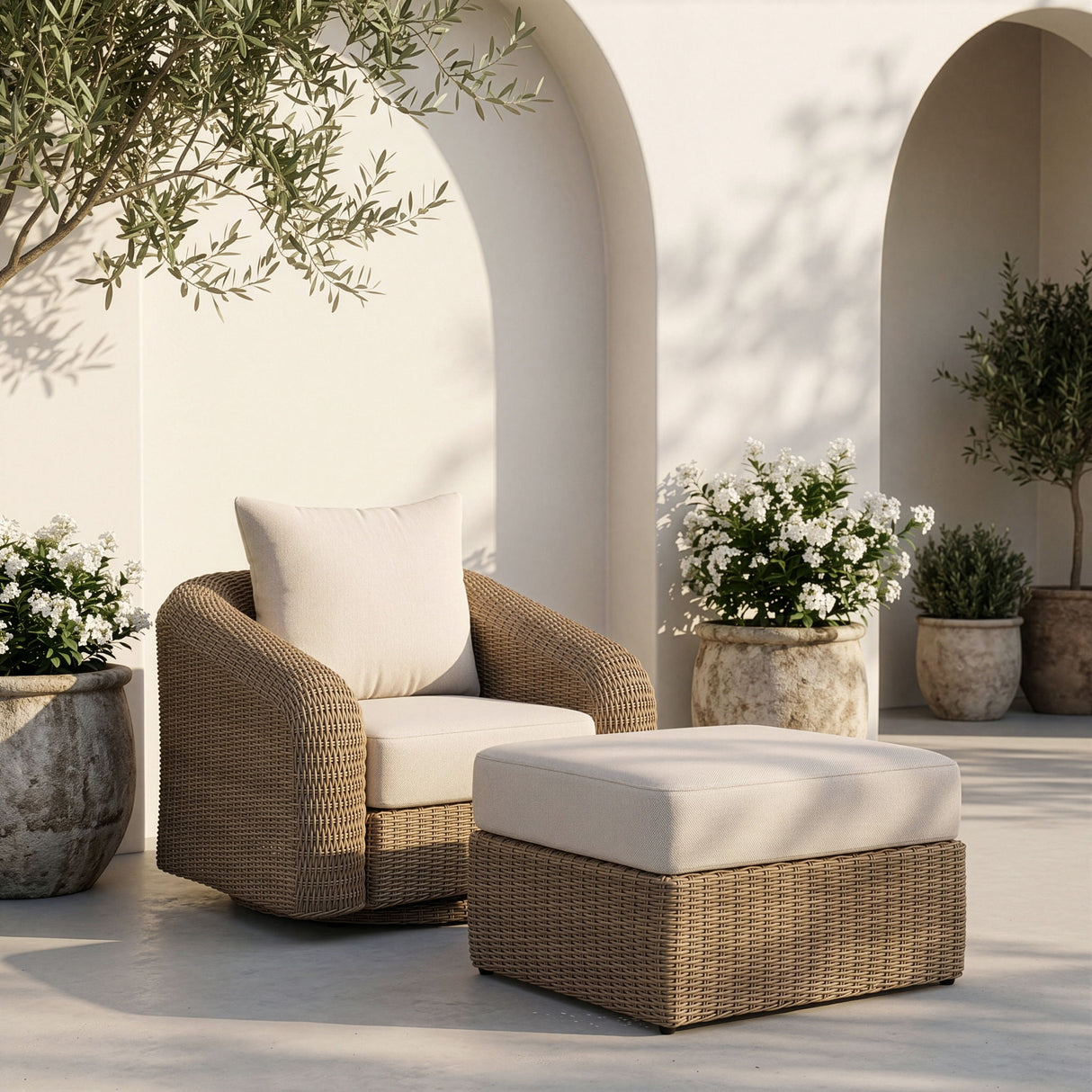 Seacrest - Olefin Water Resistant Fabric And Wicker Outdoor Patio Ottoman/Coffee Table
