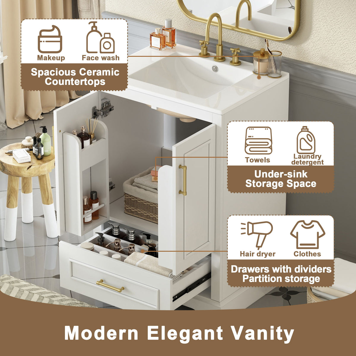 Bathroom Vanity With Sink, 1 Divided Drawer And 2 Soft Close Doors With Double Shelf