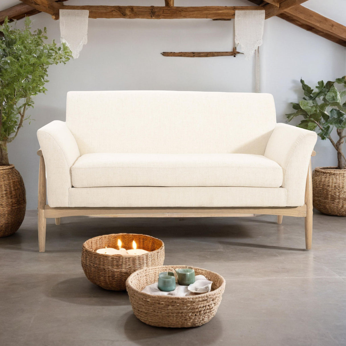 Modern Fabric Upholstered Loveseat With Elm Wood Legs And Flare Arms - Beige