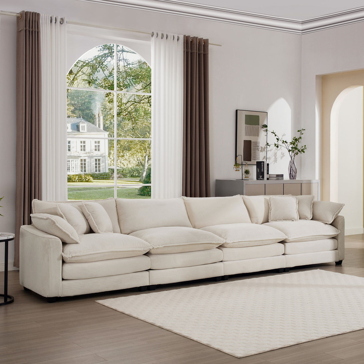 Modern Upholstered 4 Seater Corduroy Fabric Sofa With Arm And Throw Pillows