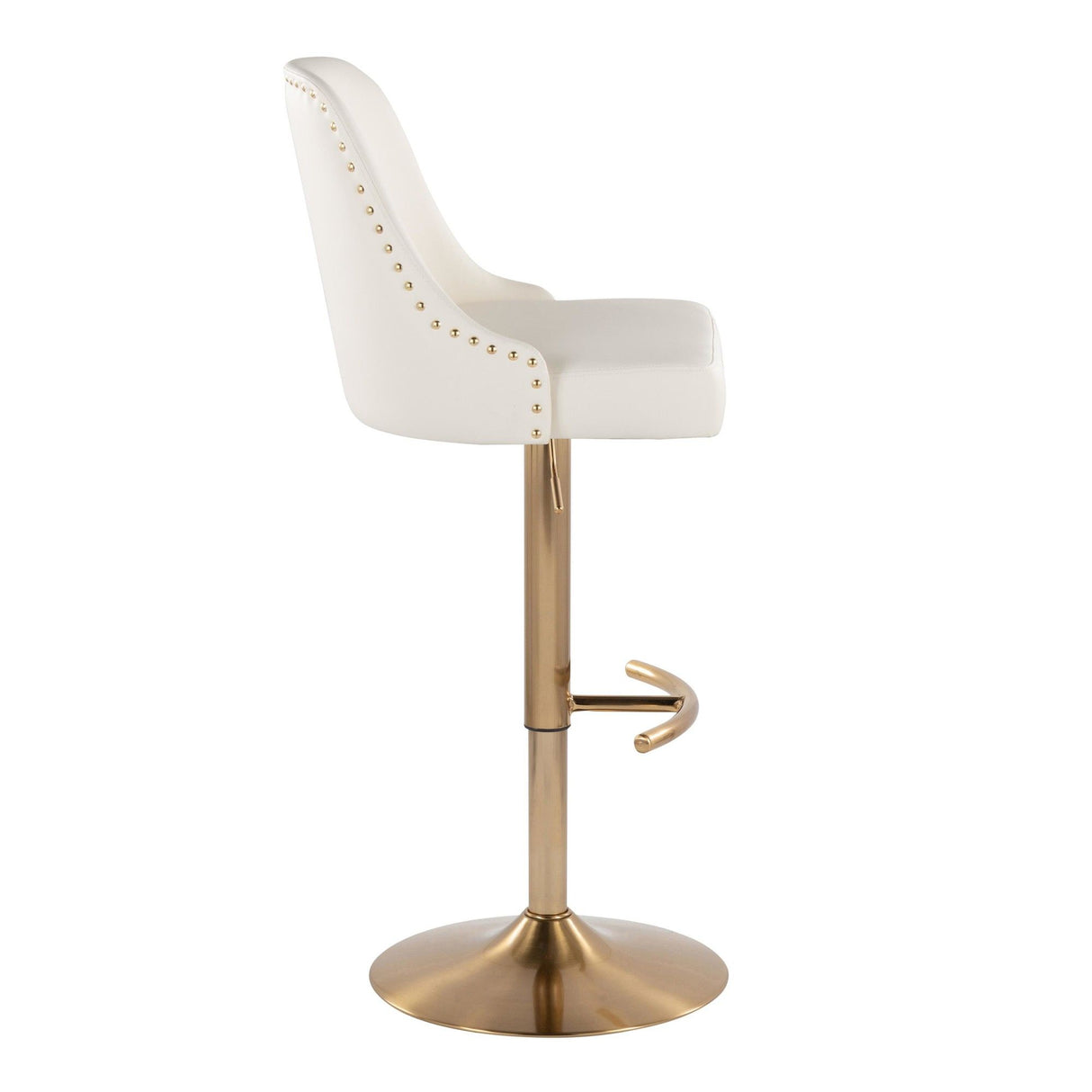 Marcel - Adjustable Barstool With Rounded T Footrest (Set of 2) - Gold Metal And White Faux Leather With Gold Nailhead Trim