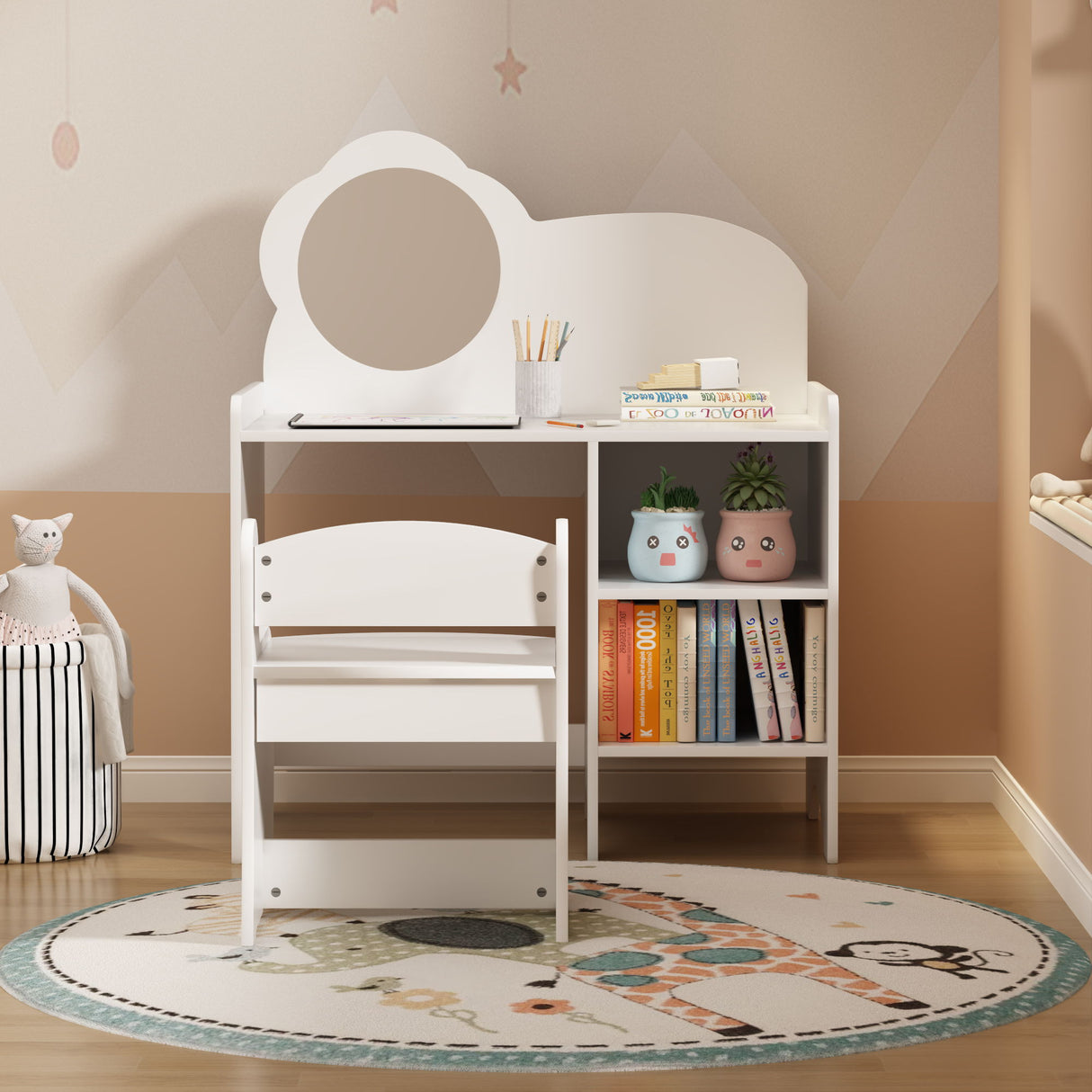 Kids Vanity Table With Mirror And Chair, Dressing Makeup Desk With Storage Shelves - White