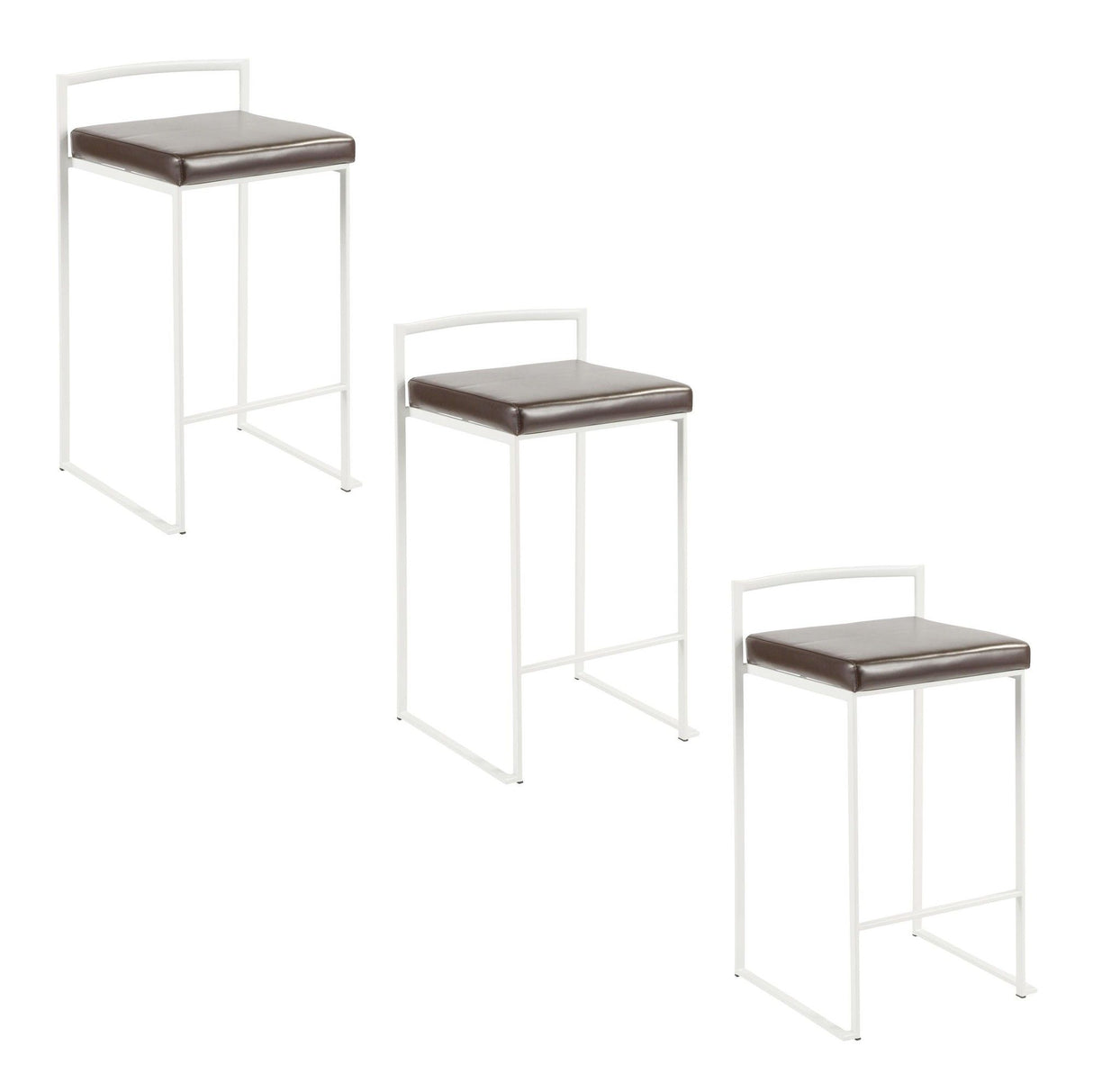 Fuji - 26" Stackable Counter Stool (Set of 3) - White Metal With Brown Faux Leather Cushion