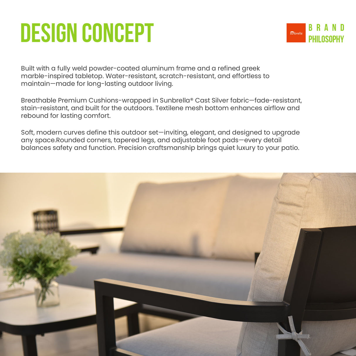 Outdoor Conversation Set With Chairs, Bench Sofa, Tables, Sunbrella Cushions