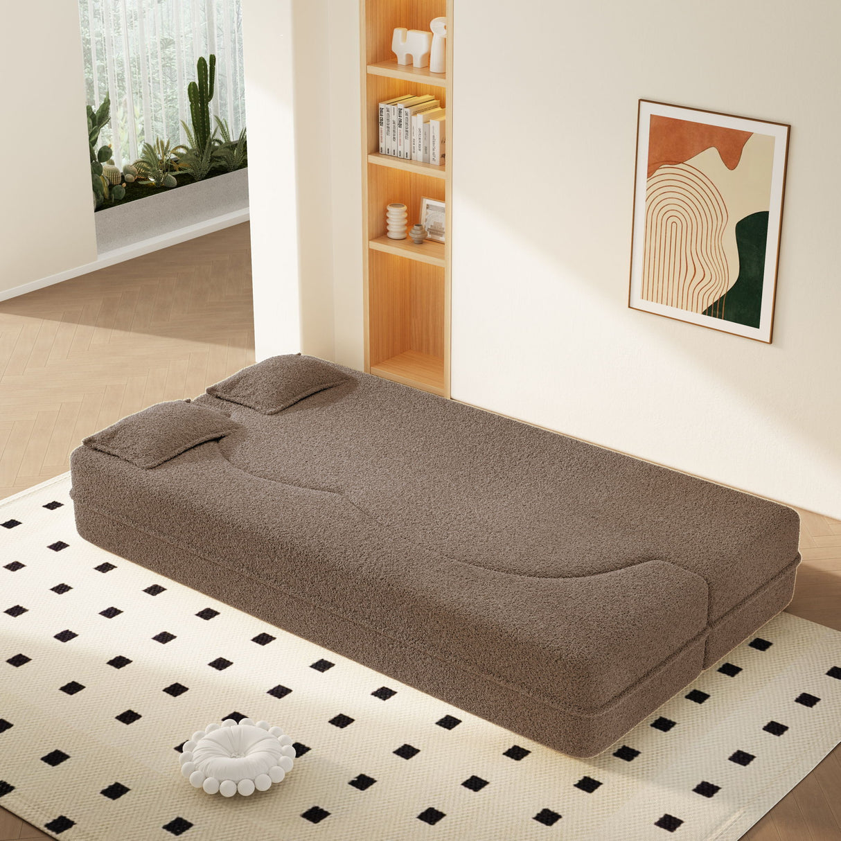 Modern Floor Sleeper Sofa Bed With 2 Pillows, Convertible Twin Size Folding Mattress For Living Room