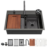 Drop In Waterfall Kitchen Sink With Pull Out Faucet & Cup Washer