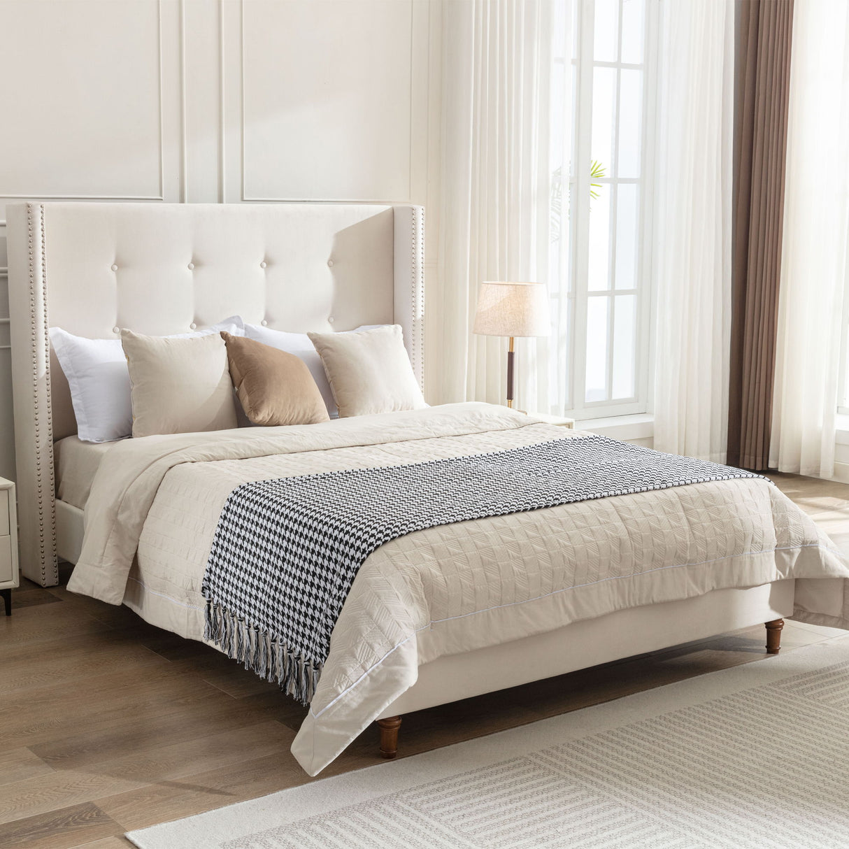 Peyton - Upholstered Bed With 54" High Headboard, Traditional Hand Buttoned Tufting