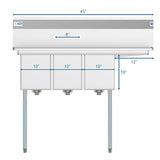 45 in. Three Compartment Stainless Steel Commercial Sink with Drainboard, Bowl Size 10"x 14"x 10" SC101410-12R3.