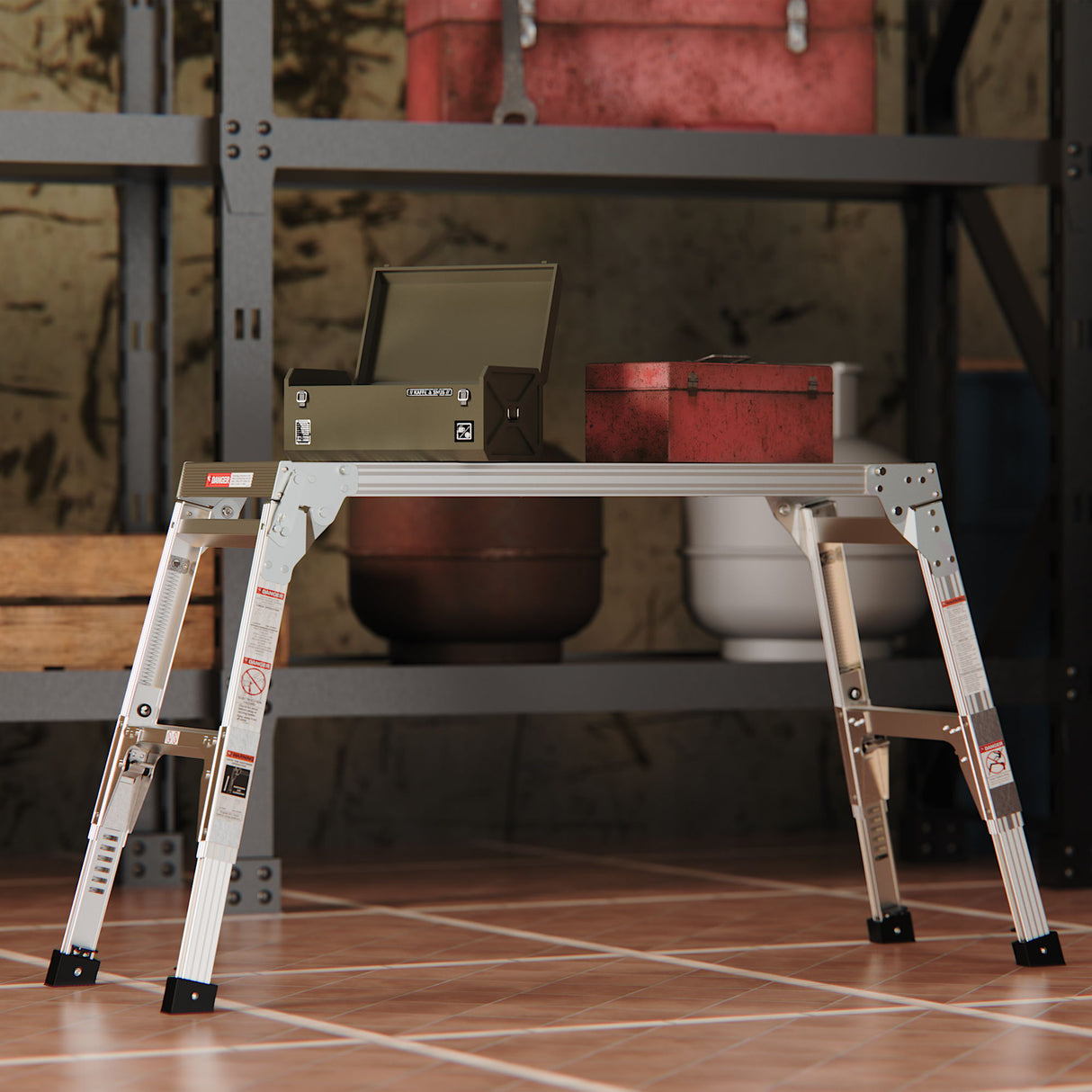 Aluminum Work Platform Large Size Step Stool Folding Portable Work Bench 40" Width Telescopic Feet Height Adjustable - Gray