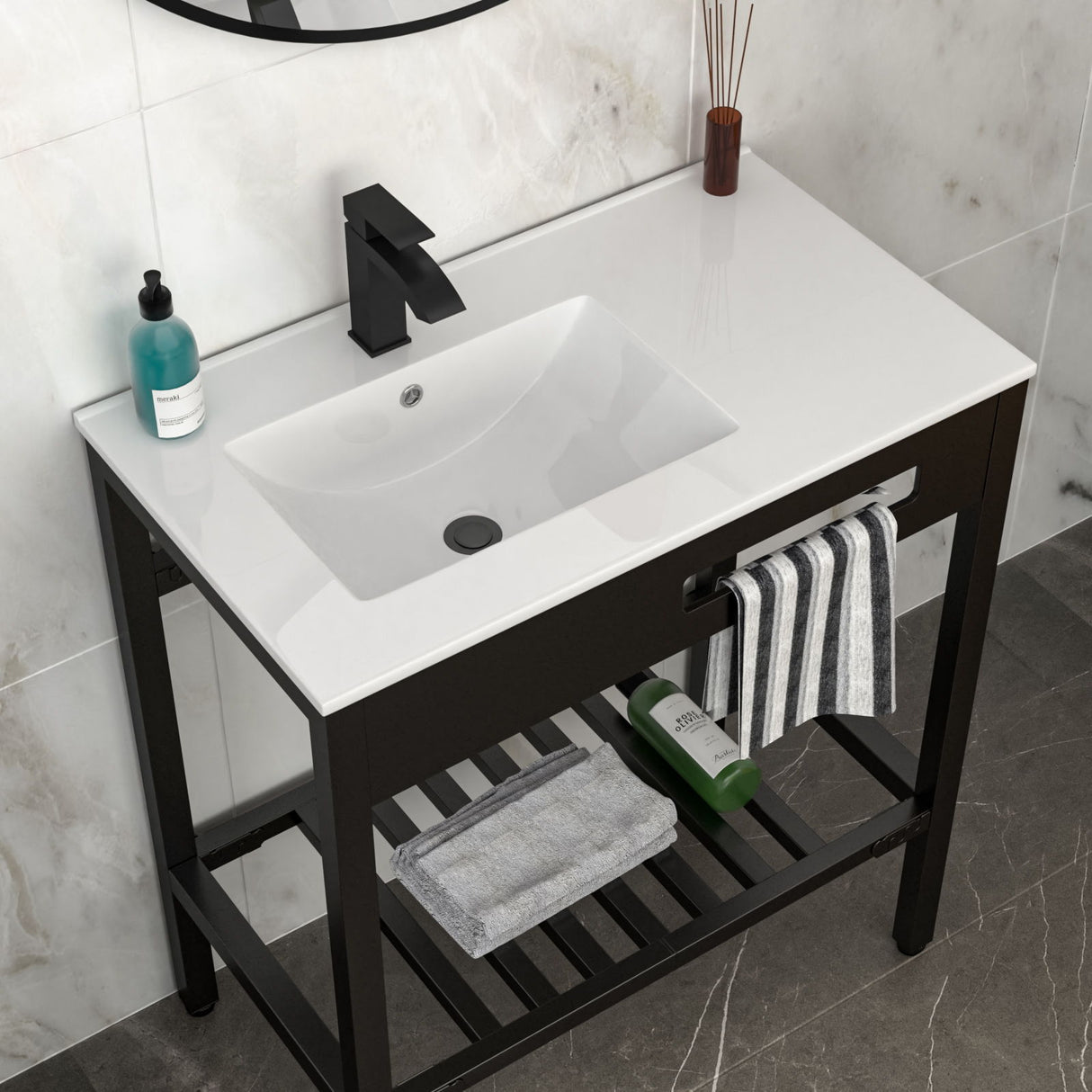 Console Sink With Legs, 32" X 18.5", Durable Porcela With Support - White / Black