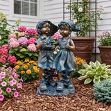 Boy And Girl Statues Garden Lawn Ornaments For Indoor Outdoor Use - Blue Multi / Brown