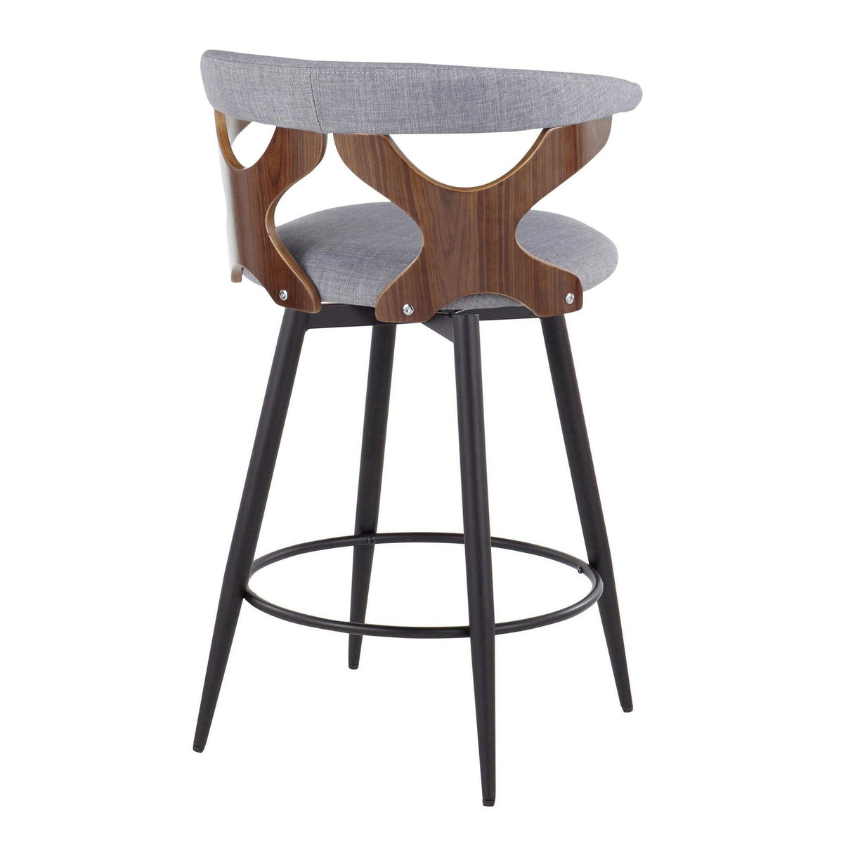 Gardenia - 25" Fixed-Height Counter Stool With Swivel And Rounded Black Metal Footrest (Set of 2) - Black Metal, Walnut Wood