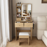 Small Vanity Desk With 3 LED Lighting Modes, 3 Drawers, Hair Dryer Holder, Power Socket, And Dressing Chair - Natural Walnut