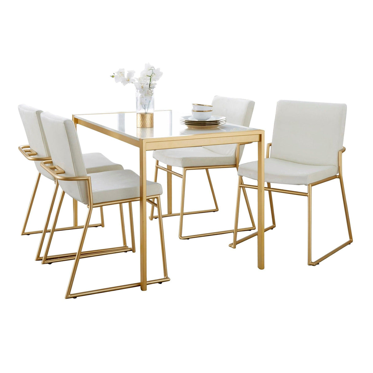 Fuji - Dutchess Contemporary 5 Piece Dining Room Set - Gold Metal, White Marble Tabletop And Cream Velvet