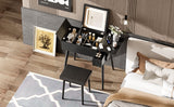 Makeup Vanity Desk With Flip Top Mirror And LED Light, Dressing Table With Charging Station, 2 Drawers And Fold Up Panel, Vanity Set With Cushioned Stool For Bedroom - Black