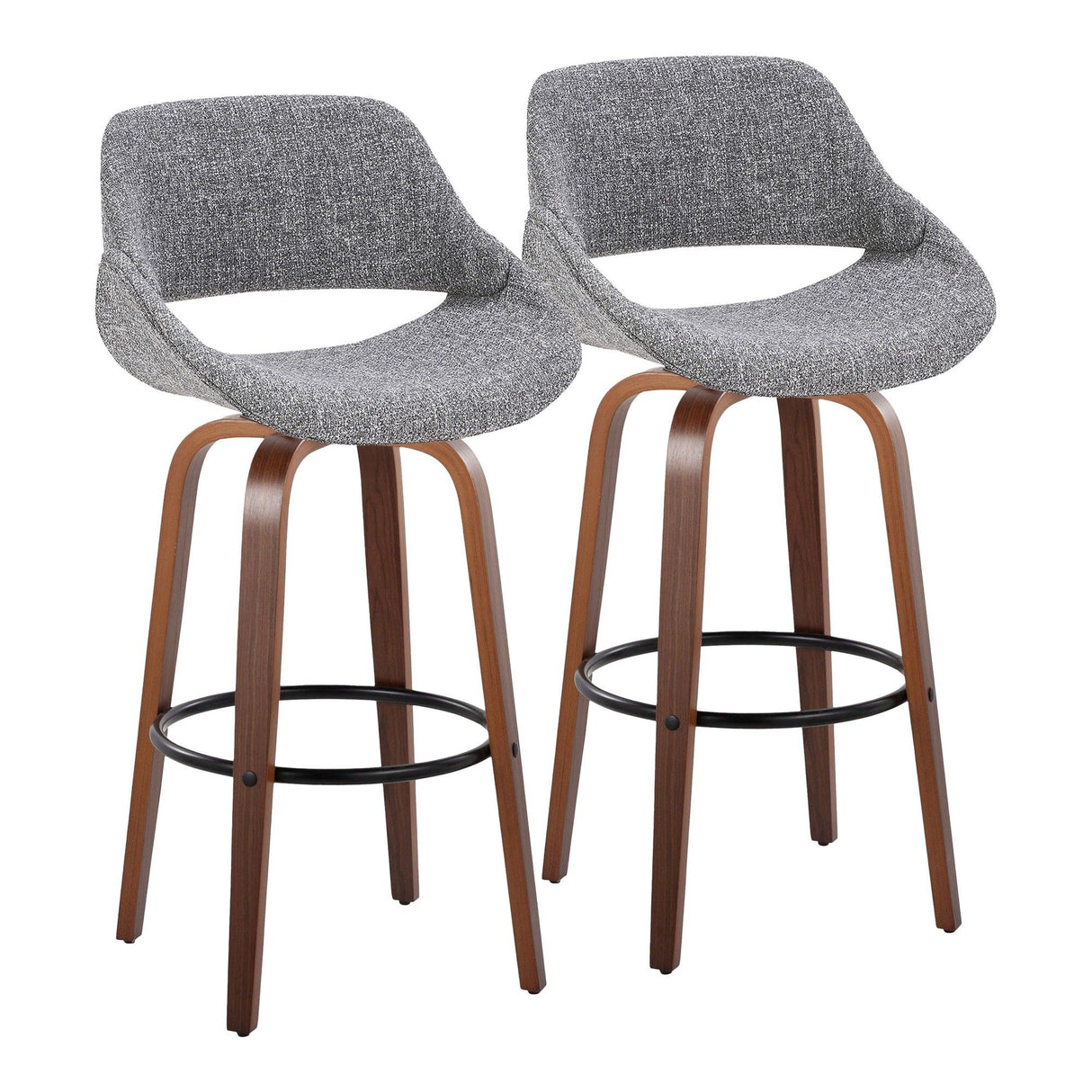 Fabrizzi - 30" Fixed-Height Barstool With Swivel And Round Black Metal Footrest (Set of 2) - Walnut Wood
