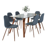Folia - Pebble Mid-Century Modern 7 Piece Dining Room Set - Walnut Wood, Clear Tempered Glass, Walnut Metal And Blue Fabric