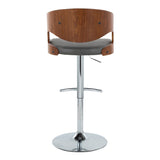 Pino - Mid-Century Modern Adjustable Swivel Barstool (Set of 2) - Chrome Metal, Walnut Wood And Gray Faux Leather With Rounded T Footrest