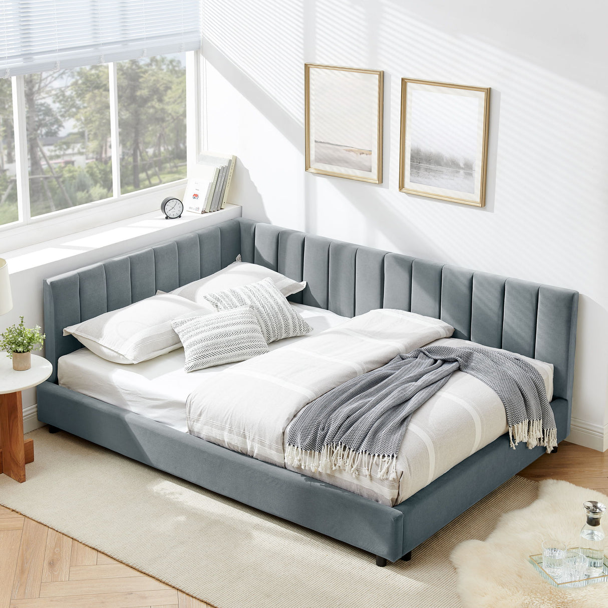 Mid-Century Upholstered Tufted Bed Frame With Backrest And Armrests