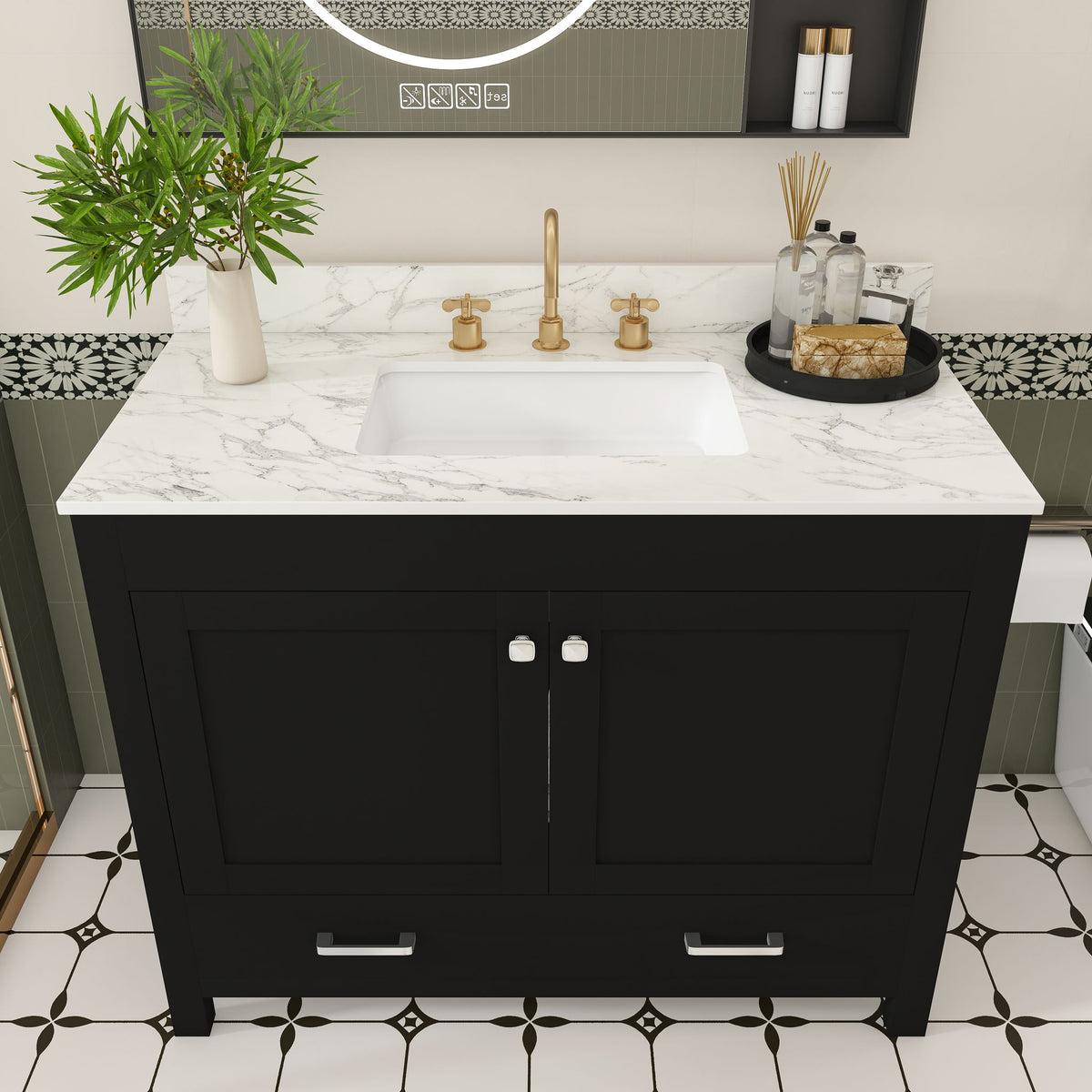 Bathroom Vanity Set, Sink And Faucet Holes Included - Black