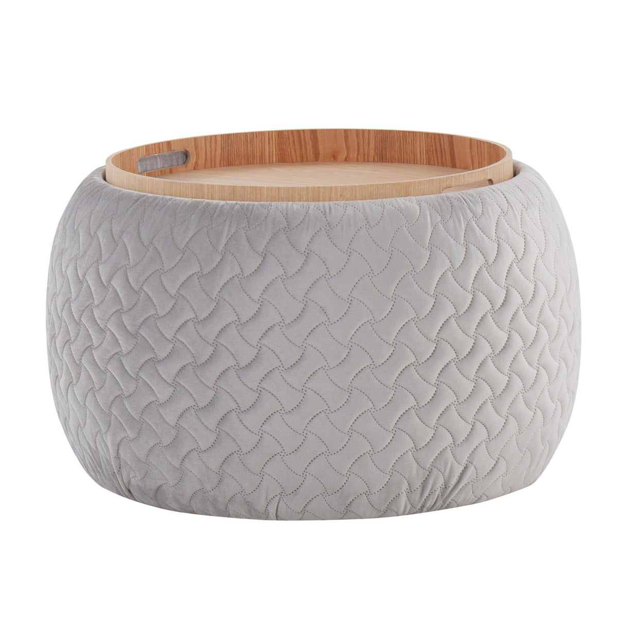 Tray - Pouf Contemporary Ottoman - Natural Wood And Silver Velvet