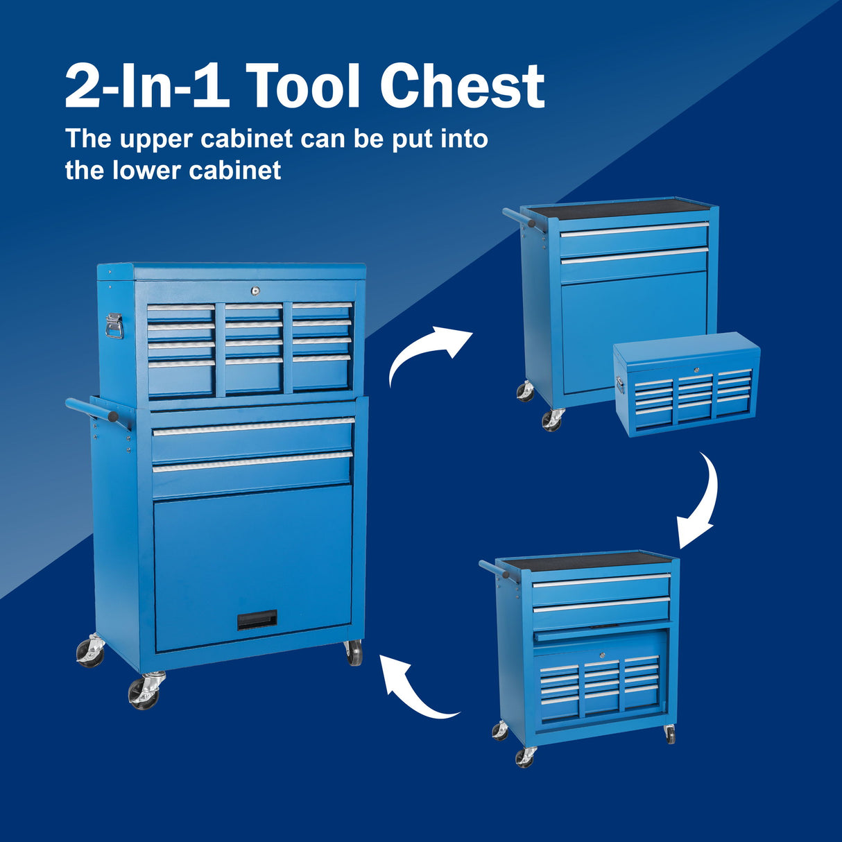 8 Drawer Rolling Tool Chest With 2 In 1 Detachable Top Box, Lockable Wheels