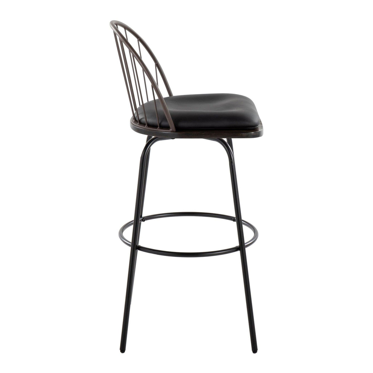 Riley - Claire Farmhouse Fixed-Height Swivel Barstool (Set of 2) - Black Metal, Bronze Metal, Dark Walnut Wood And Brown Faux Leather With Round Black Metal Footrest