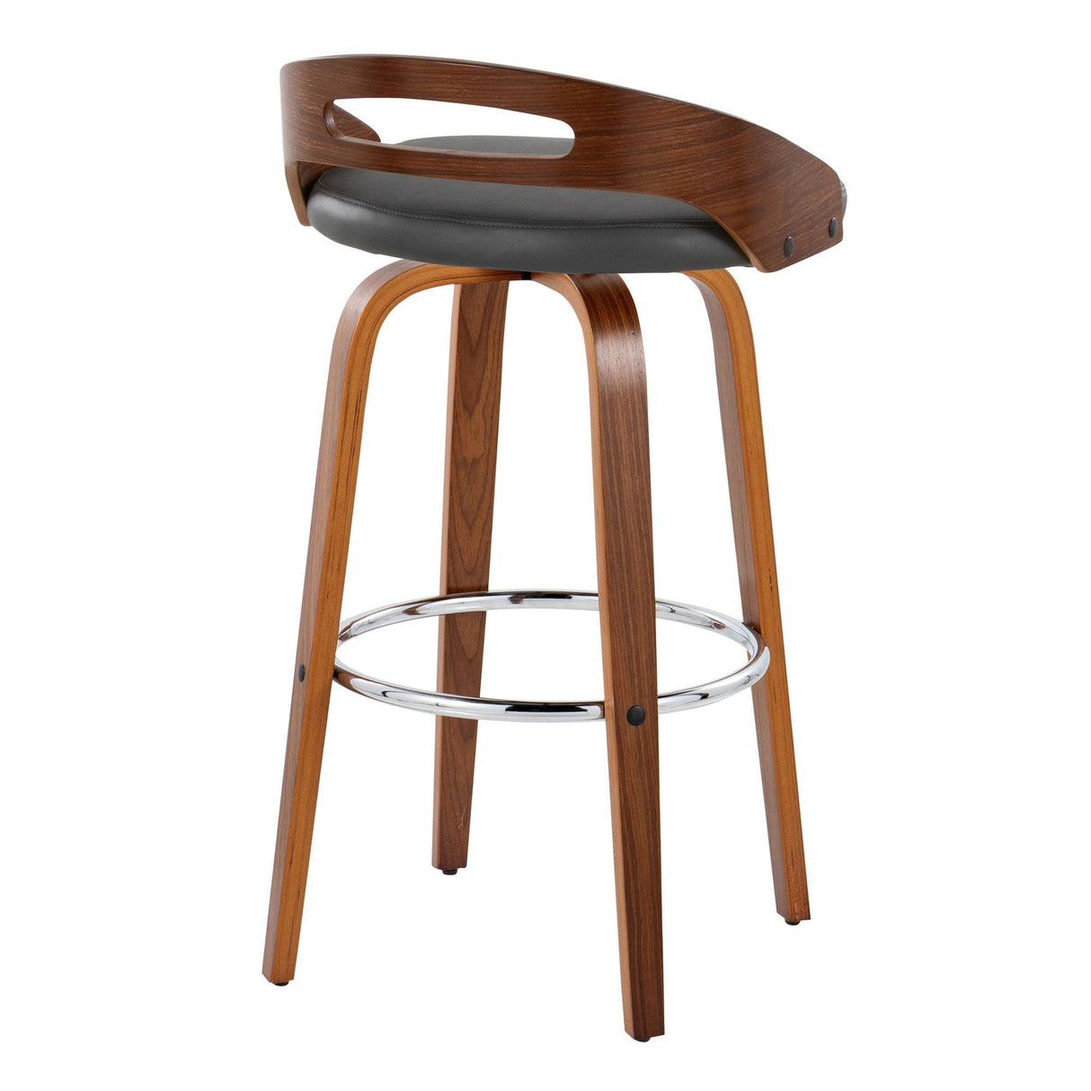 Cassis - Mid-Century Modern Fixed-Height Swivel Barstool (Set of 2) - Walnut Wood And Gray Faux Leather With Round Chrome Metal Footrest