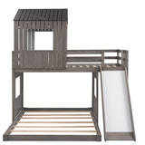 Loft Bunk Bed With Playhouse, Farmhouse, Ladder, Slide And Guardrails