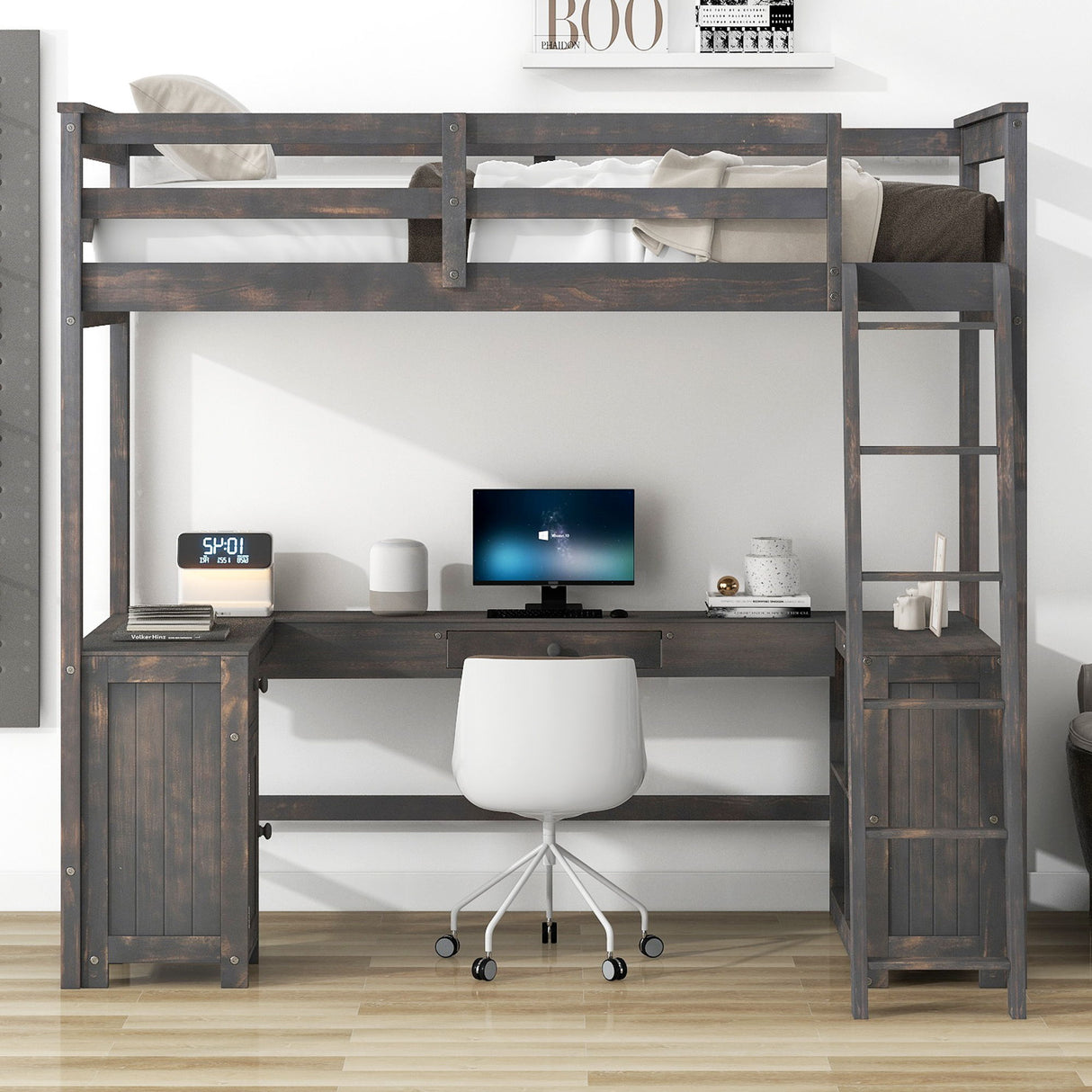 Loft Bed With U-Shaped Desk, Drawers, And Storage Shelves