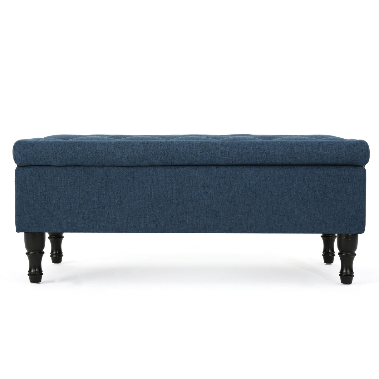 Hyatt - Suede Storage Ottoman With Tufted Top And Dark Wooden Legs - Navy Blue