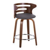 Cosi - 24" Fixed-Height Counter Stool With Swivel And Round Chrome Metal Footrest (Set of 2) - Walnut Wood And Brown Faux Leather