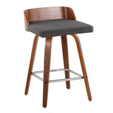 Maya - Mid-Century Modern Fixed-Height Swivel Counter Stool (Set of 2) - Walnut Wood / Charcoal Fabric With Square Chrome Metal Footrest