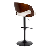 Pino - Mid-Century Modern Adjustable Swivel Barstool (Set of 2) - Black Metal, Cherry Wood And White Faux Leather With Rounded T Footrest