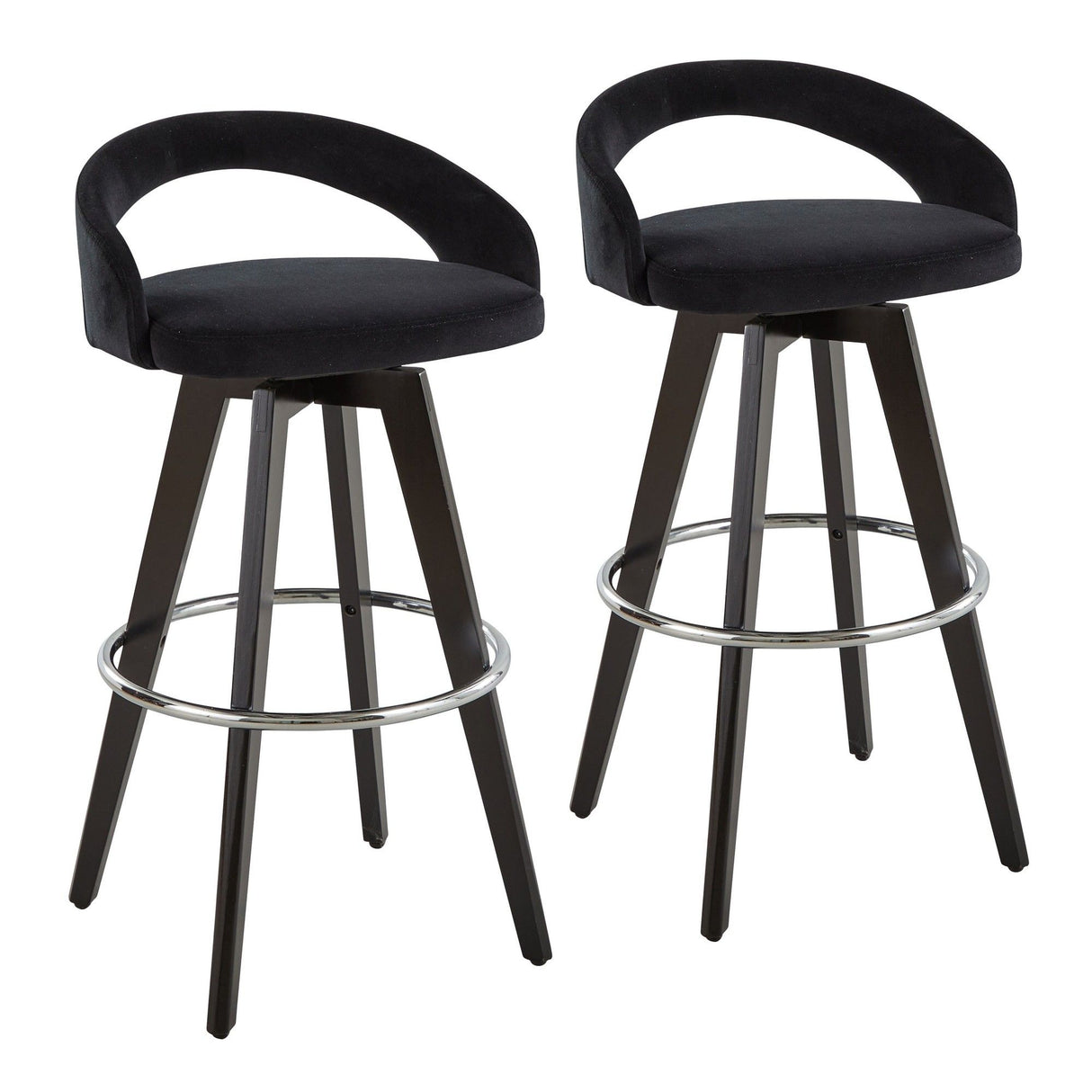 Grotto - Upholstered Fixed-Height Barstool (Set of 2) - Black Wood, Black Velvet, Chrome Metal