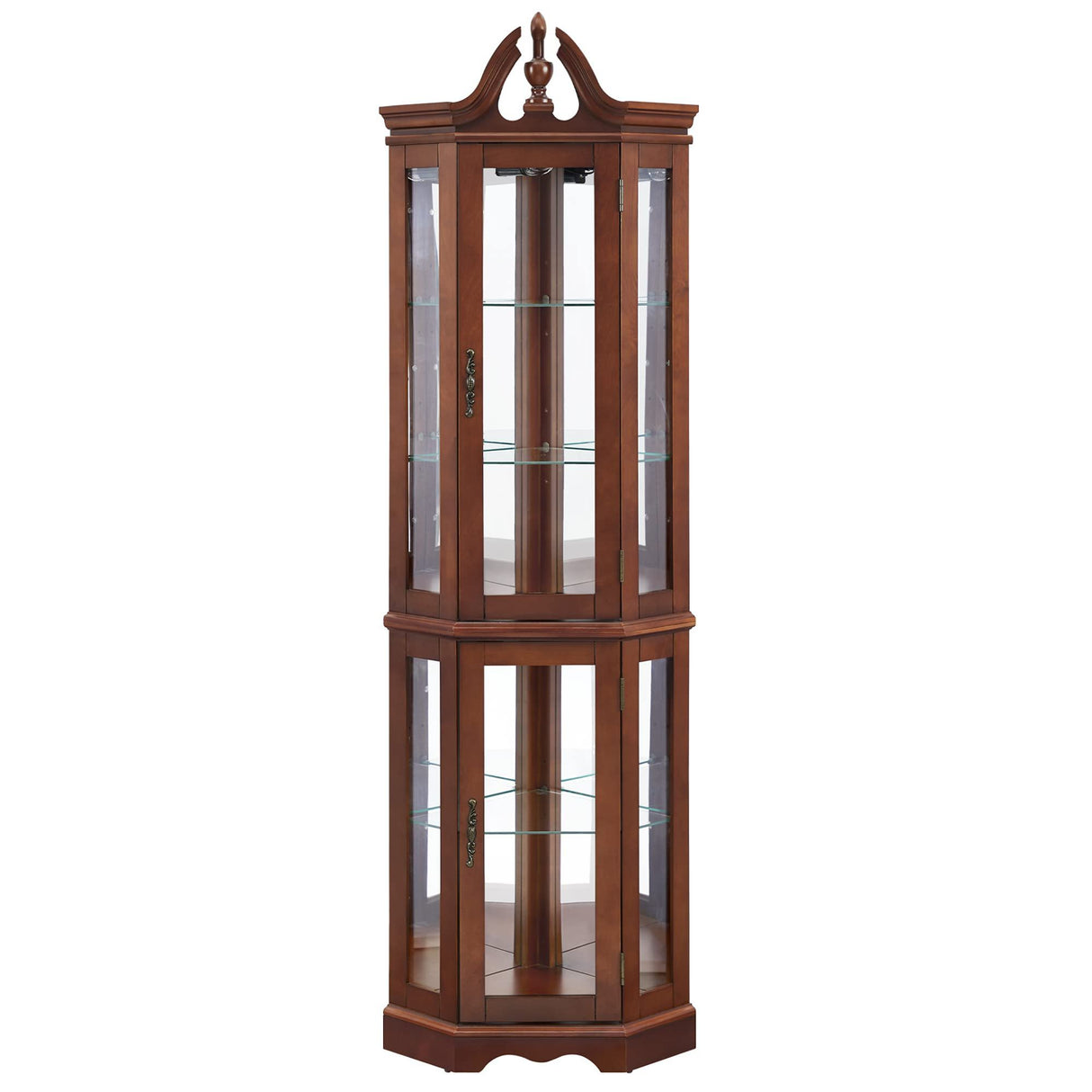 Corner Curio Cabinet With Lights, Adjustable Tempered Glass Shelves, Display Cabinet (E26 Light Bulb Not Included) - Mirrored / Walnut