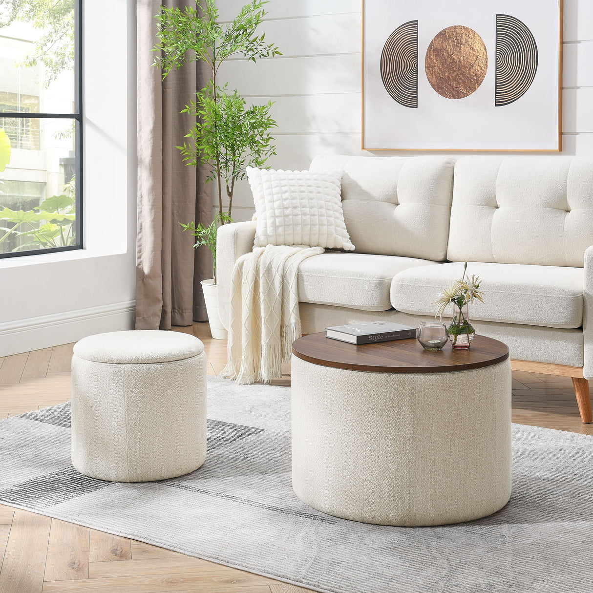 Classic 2 Piece Round Storage Ottoman Set With Drum Shaped Stool