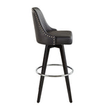 Studded - Marcel Fixed-Height Barstool (Set of 2) - Black Wood, Black Faux Leather, Chrome Metal
