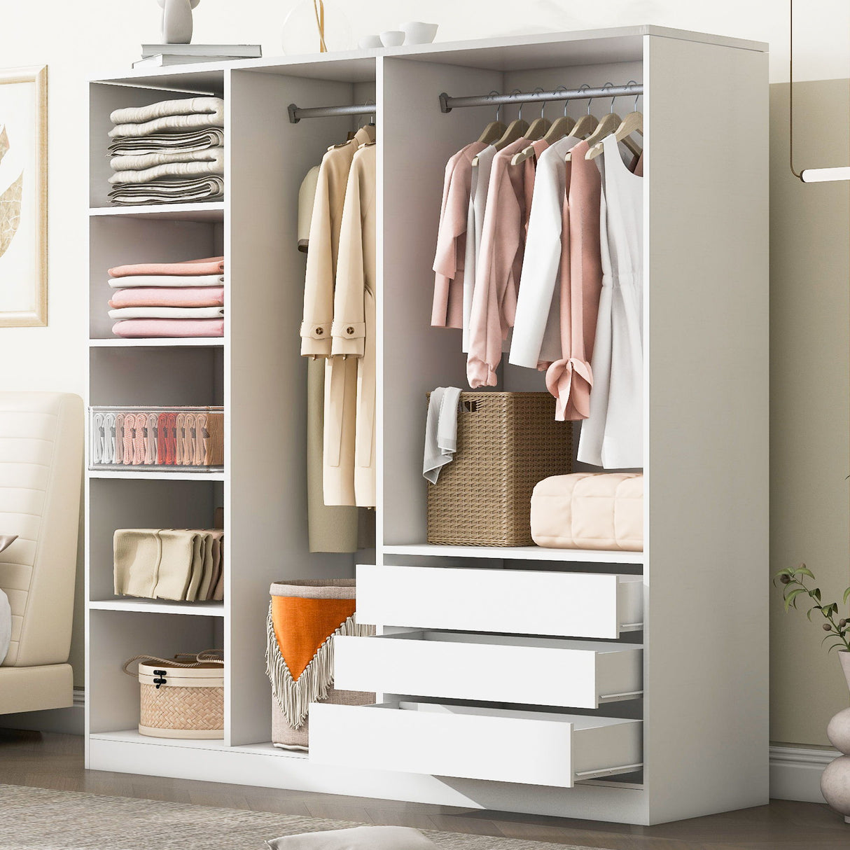 Doorless Storage Wardrobe For Dedroom With Shelves And 3 Drawers