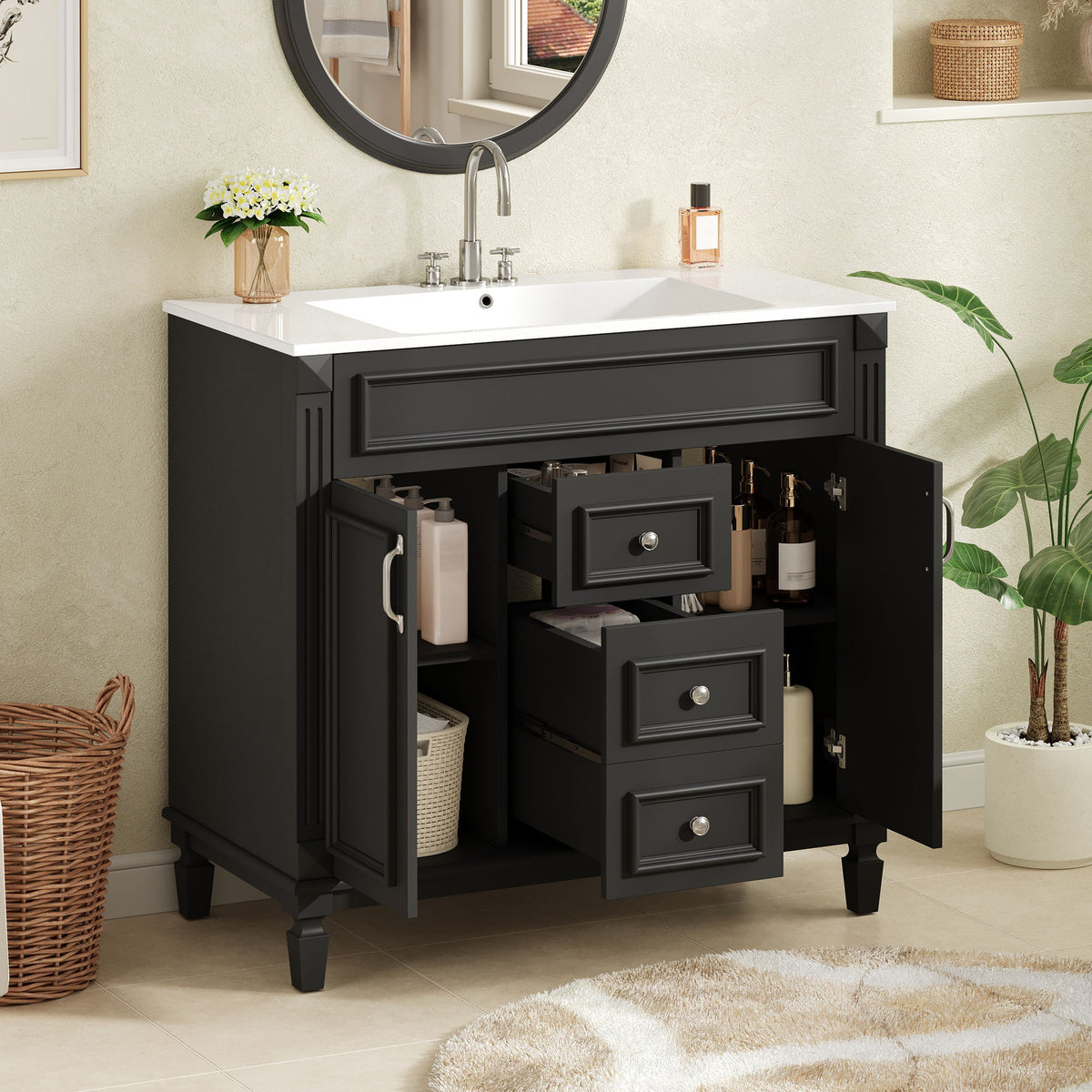 Bathroom Vanity With Top Sink, Cabinet With 2 Soft Closing Doors And Drawers