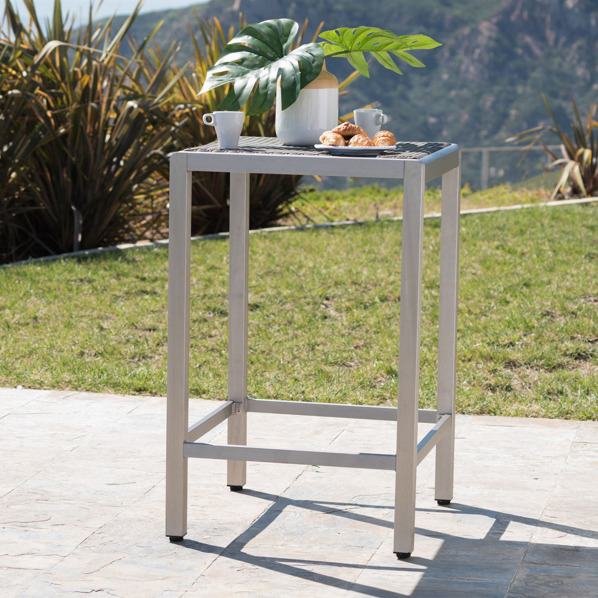 Outdoor 43" Aluminum Bar Table With Rattan Table Top - Gray / Silver