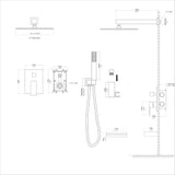 Square Shower System With Waterfall Tub Spout And Rough In Valve, Wall Mounted
