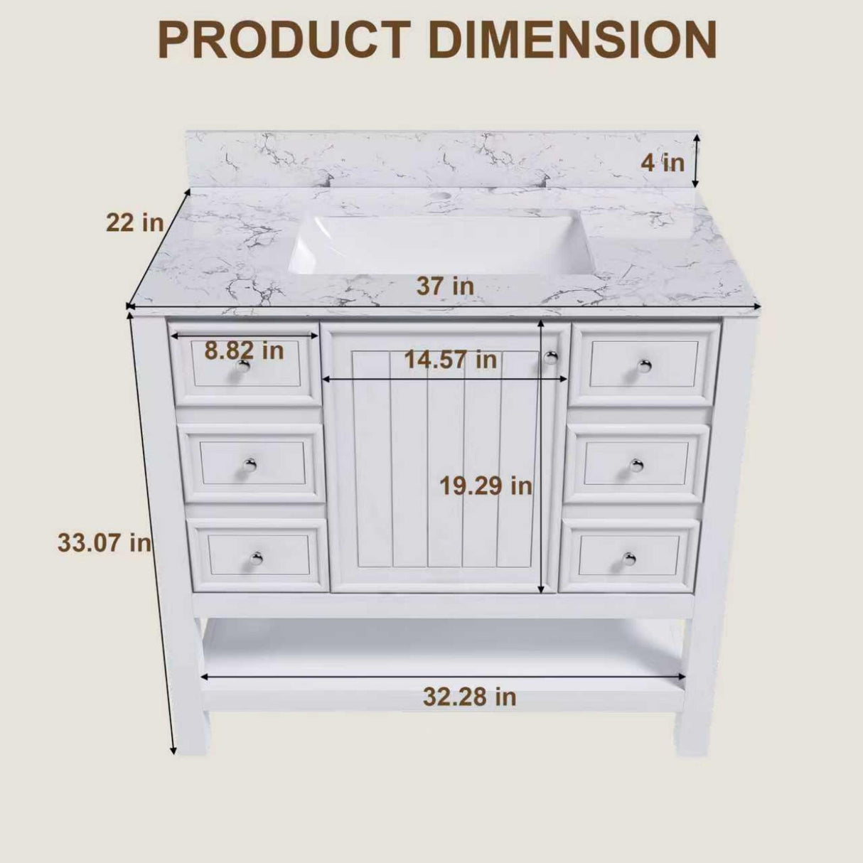 37" Bathroom Vanity, Multi Functional Cabinet With Doors And Drawers, Frame, Single Faucet Hole - White