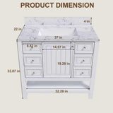 37" Bathroom Vanity, Multi Functional Cabinet With Doors And Drawers, Frame, Single Faucet Hole - White
