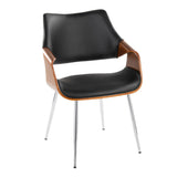 Curvo - High Back Chair (Set of 2) - Chrome Metal, Walnut Wood, Black Faux Leather