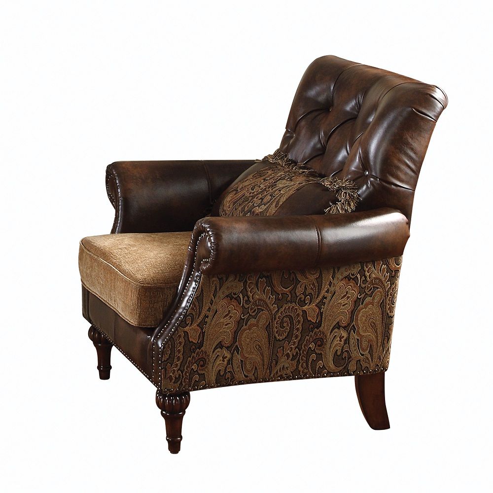 Dreena - Chair With Pillow - Two Tone Brown Synthetic Leather & Chenille Cherry